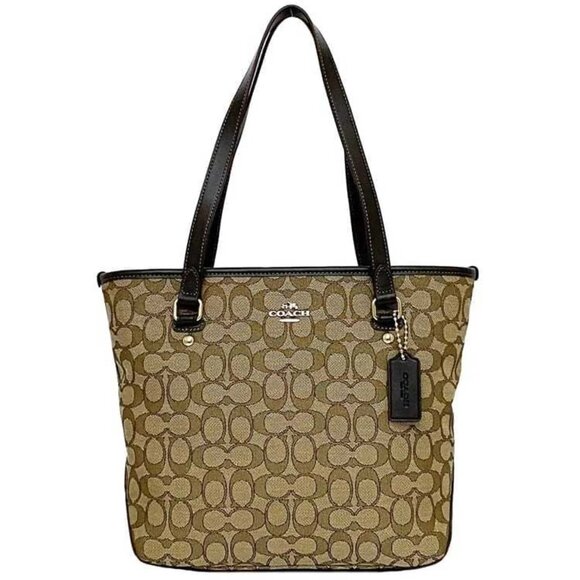 Coach Khaki Jacquard Zip Top Shoulder Bag Purse - Picture 1 of 15